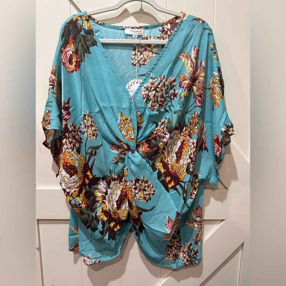 πFront/Back Reversible Floral Print Dolman Sleeve V-Neck Top Gathered Knot